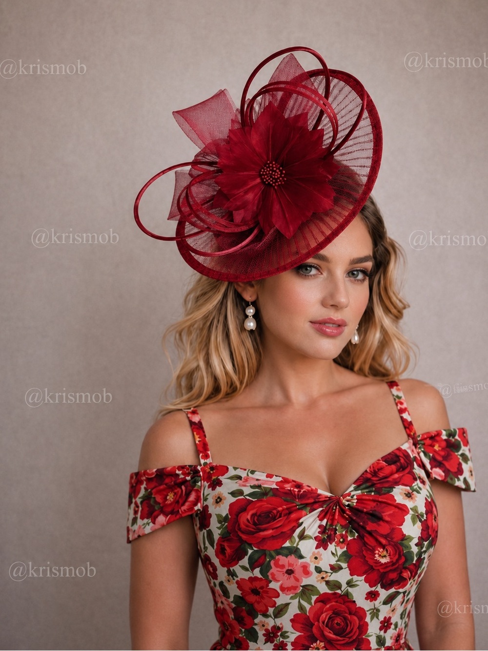 Kentucky Derby Hat Fascinator Elegant Red Floral Feather Ascot Oaks Headwear
